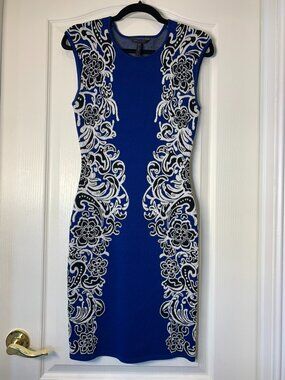 BCBG Maxazria Blue Knit Bodycon Dress Floral Baroque Sleeveless Size S